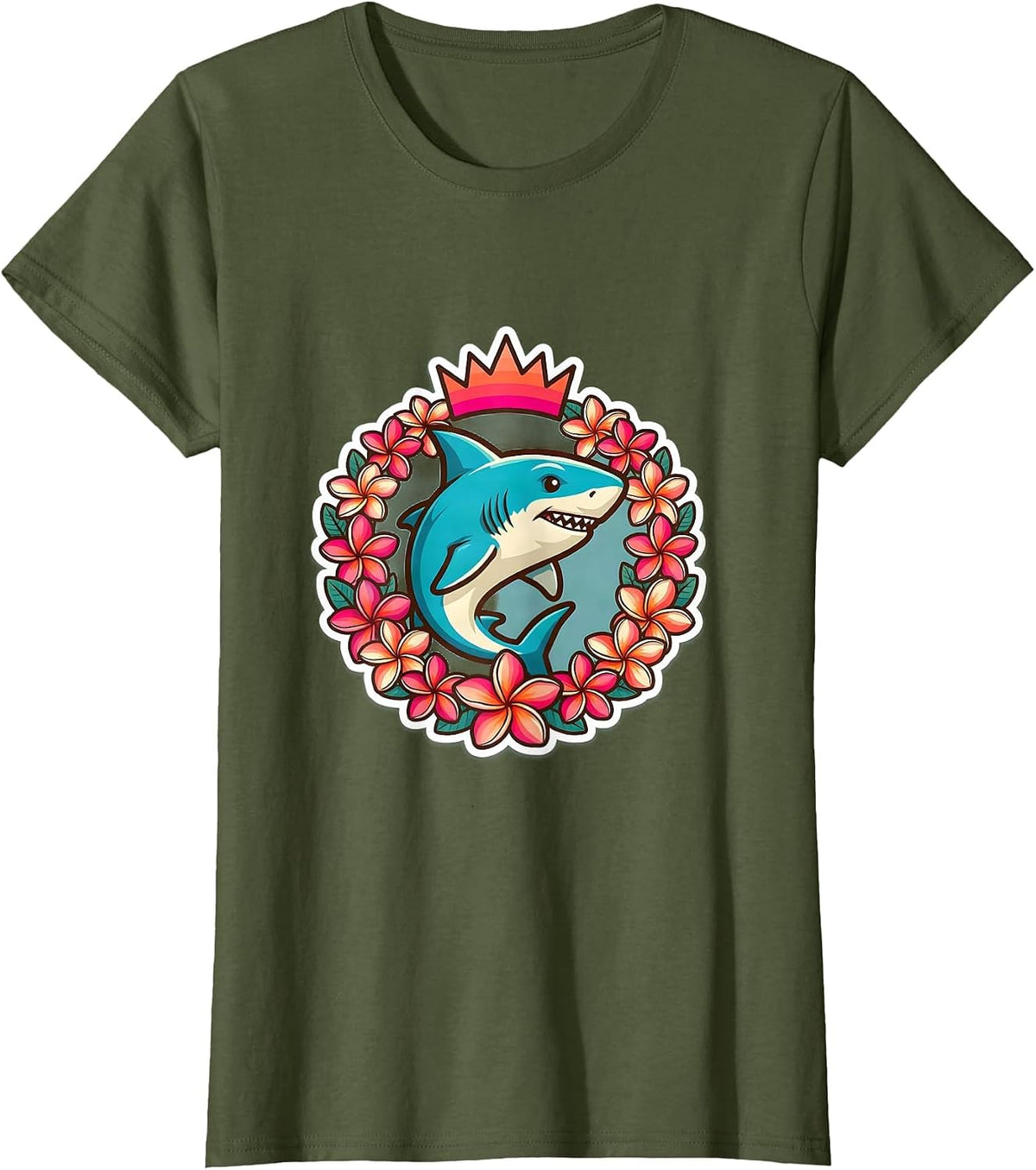 Women's Maui Plumeria Wreath Shark Tropical Illustration T-Shirt - Olive Green