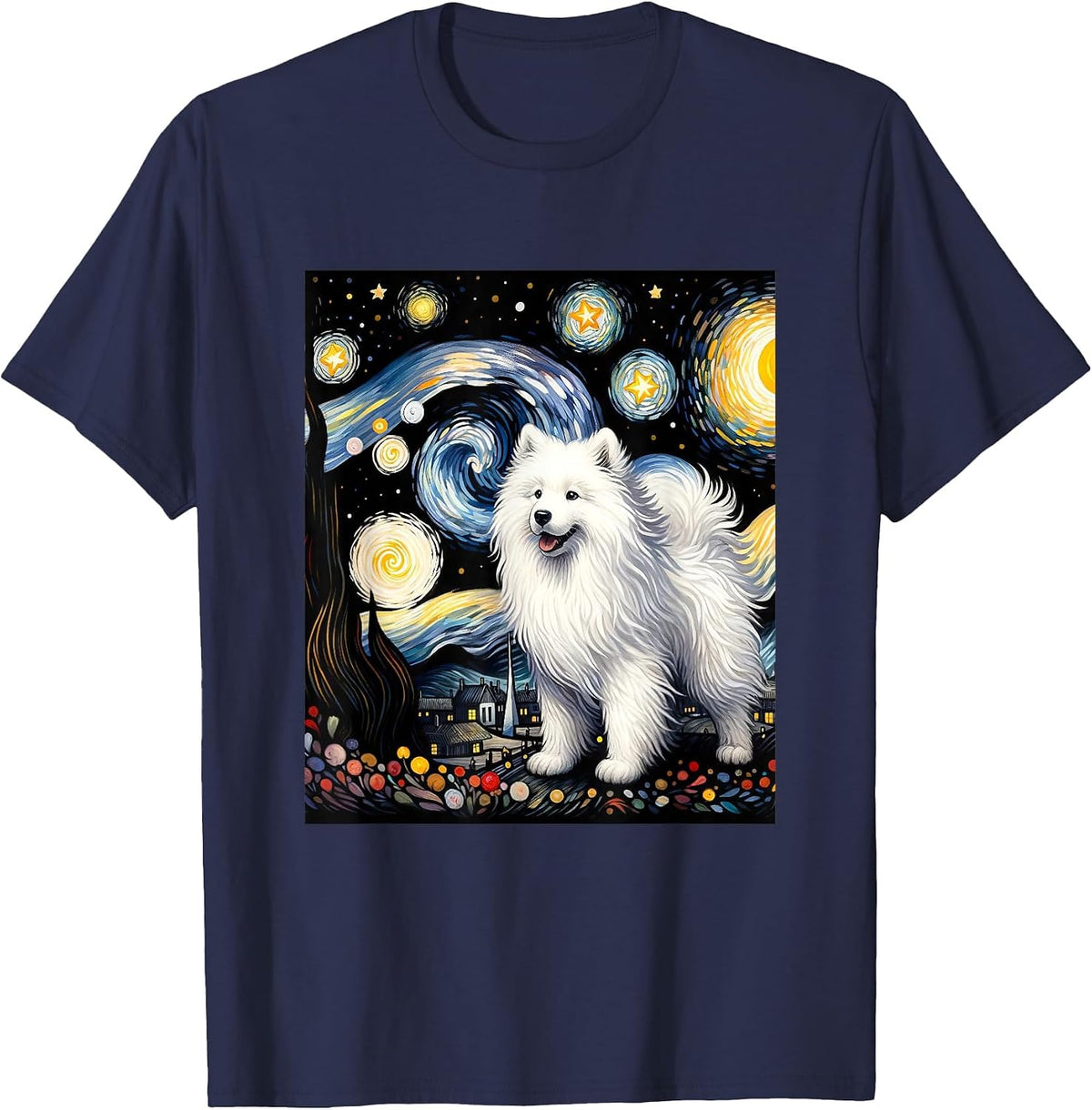 Samoyed Dog Van Gogh Starry Night Painting T-Shirt - Navy Blue