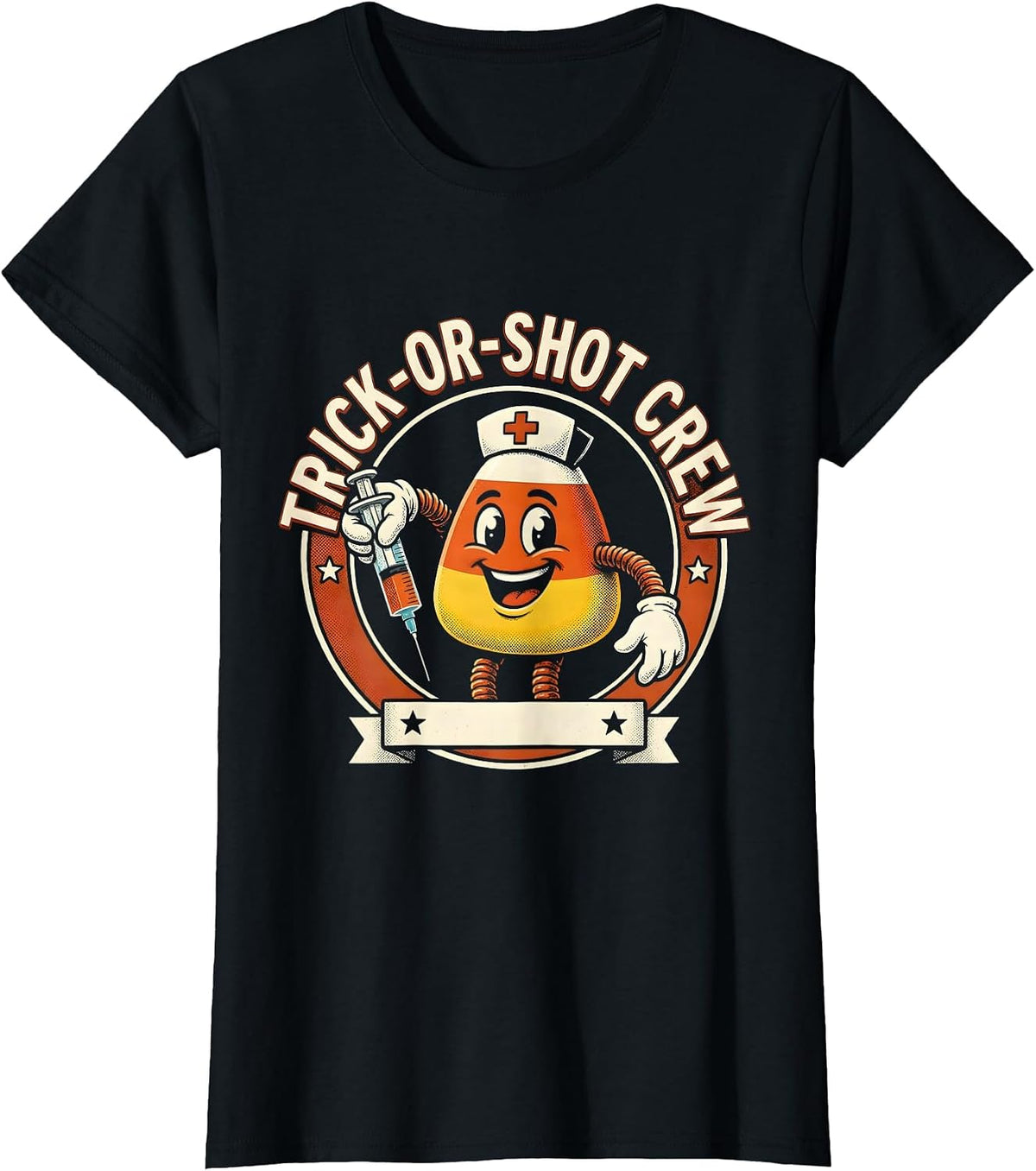 Trick-Or-Shot Crew Retro Cartoon Nurse Halloween Humor T-Shirt - Black