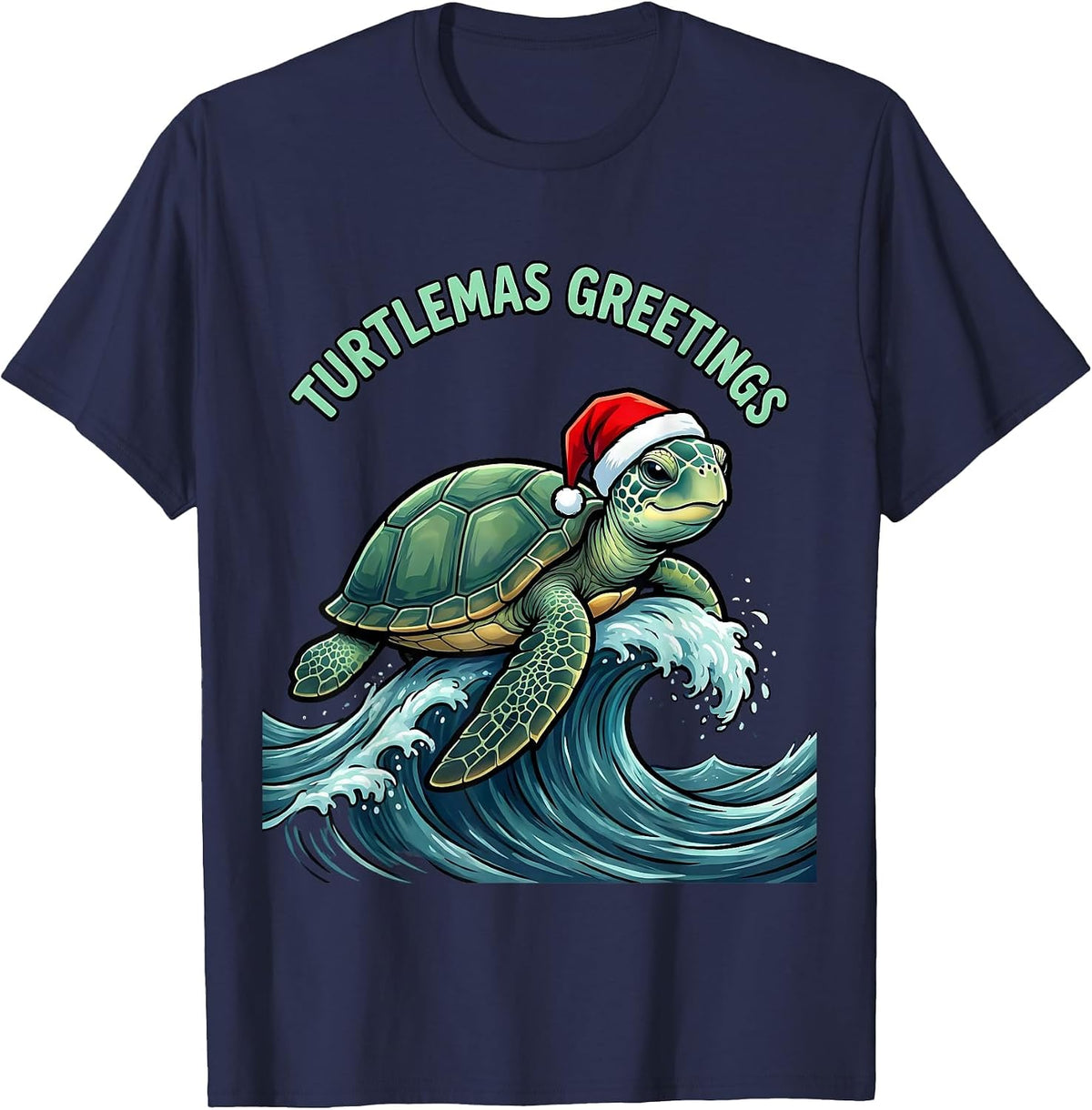 Men's Turtlemas Greetings Cartoon Sea Turtle Santa Hat Holiday T-Shirt - Navy Blue