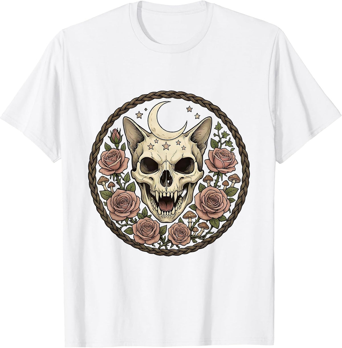 Men's Snarling Cat Skull With Roses Gothic Art T-Shirt - White
