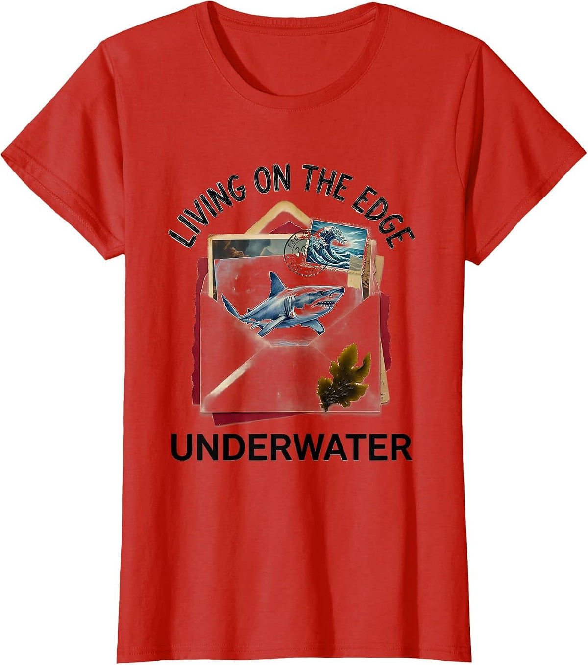 Living On The Edge Underwater Shark Design T-Shirt - Red
