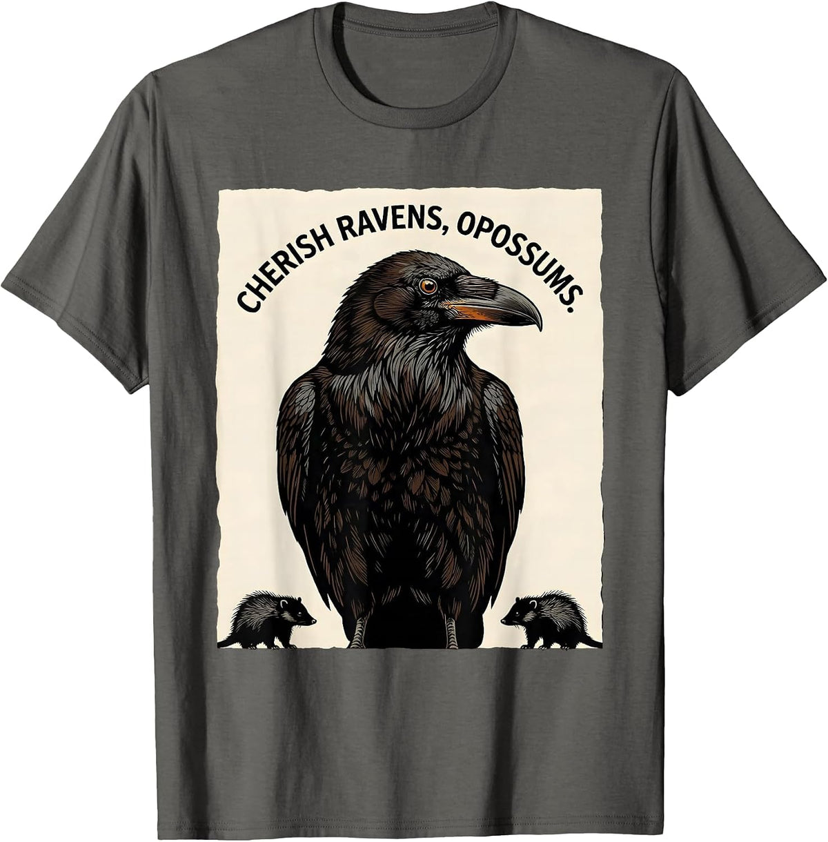 Cherish Ravens Opossums Linocut Nature Lover Misunderstood T-Shirt - Asphalt Grey