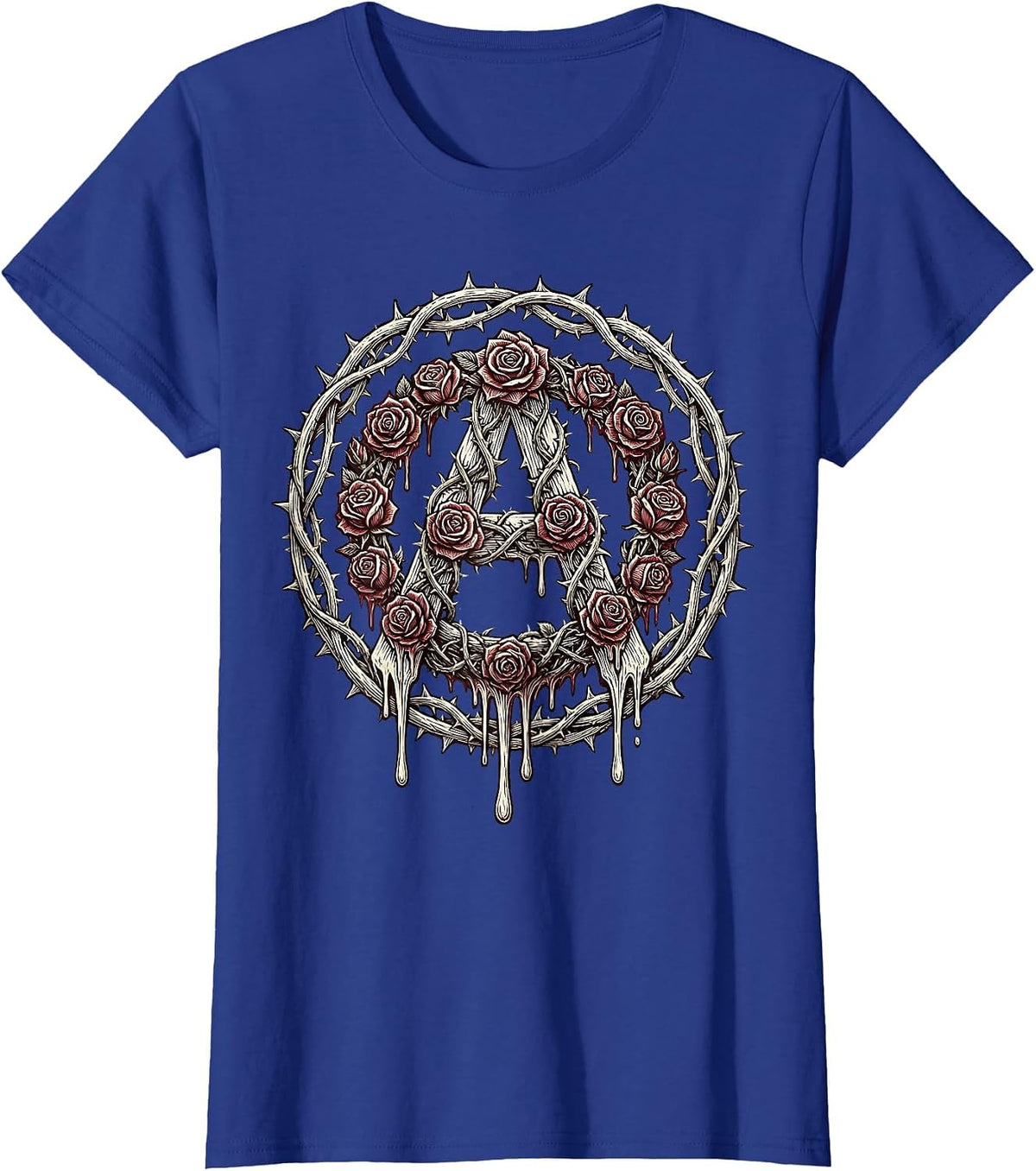 Women's Dripping Rose Anarchy Symbol Punk Art Design T-Shirt - Royal Blue