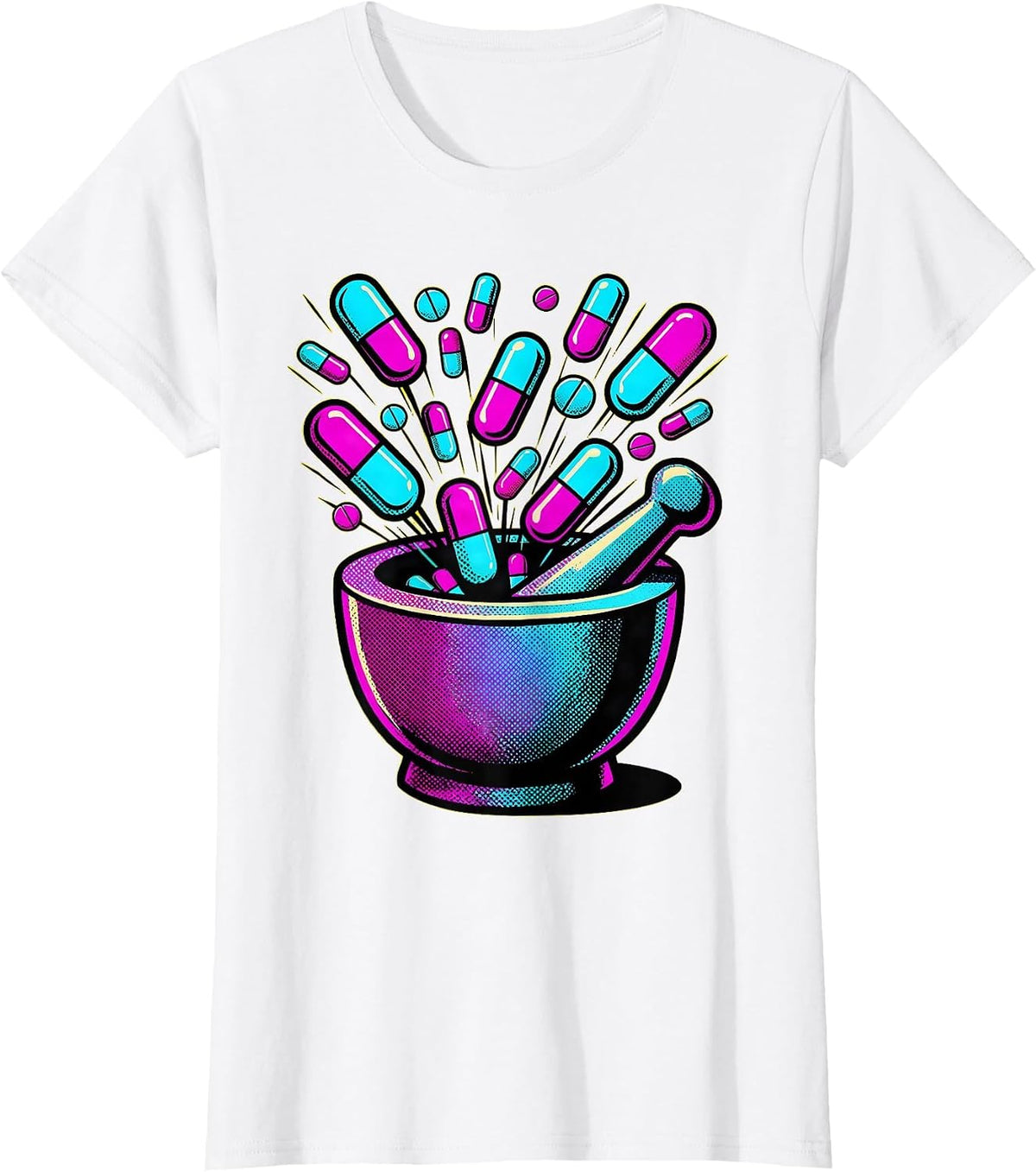 Pharmacy Technician Mortar Pestle Glowing Pills Art T-Shirt - White