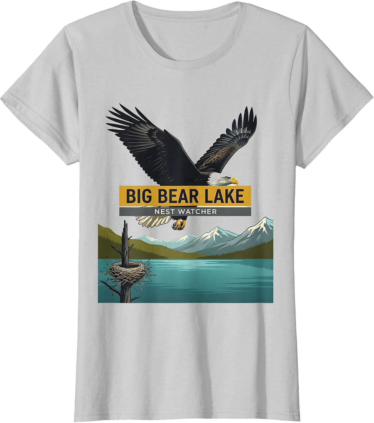 Women's Big Bear Lake Nest Watcher Midcentury Modern Bald Eagle T-Shirt - Silver Grey