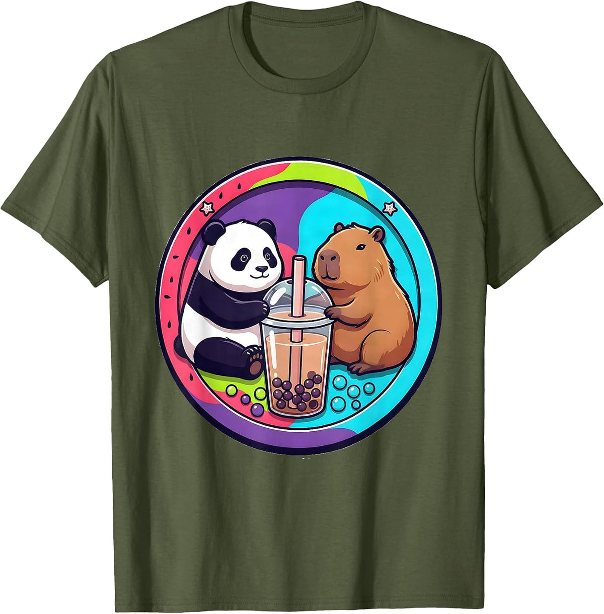 Men's Chibi Panda Capybara Boba Cup Kawaii Anime Cute T-Shirt - Olive Green
