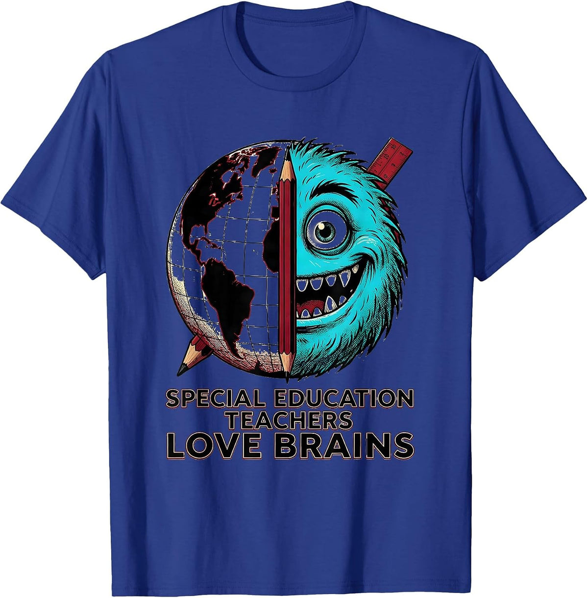 Men's Special Education Teachers Love Brains Wood Type Halloween T-Shirt - Royal Blue