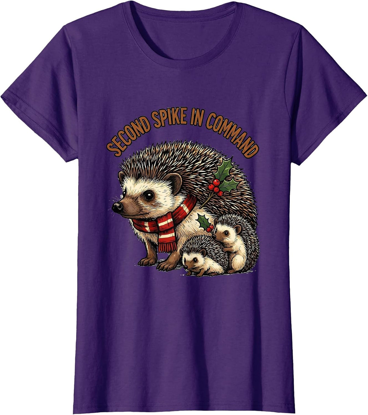Women's Second Spike In Command Cute Hedgehog Christmas Novelty T-Shirt - Purple