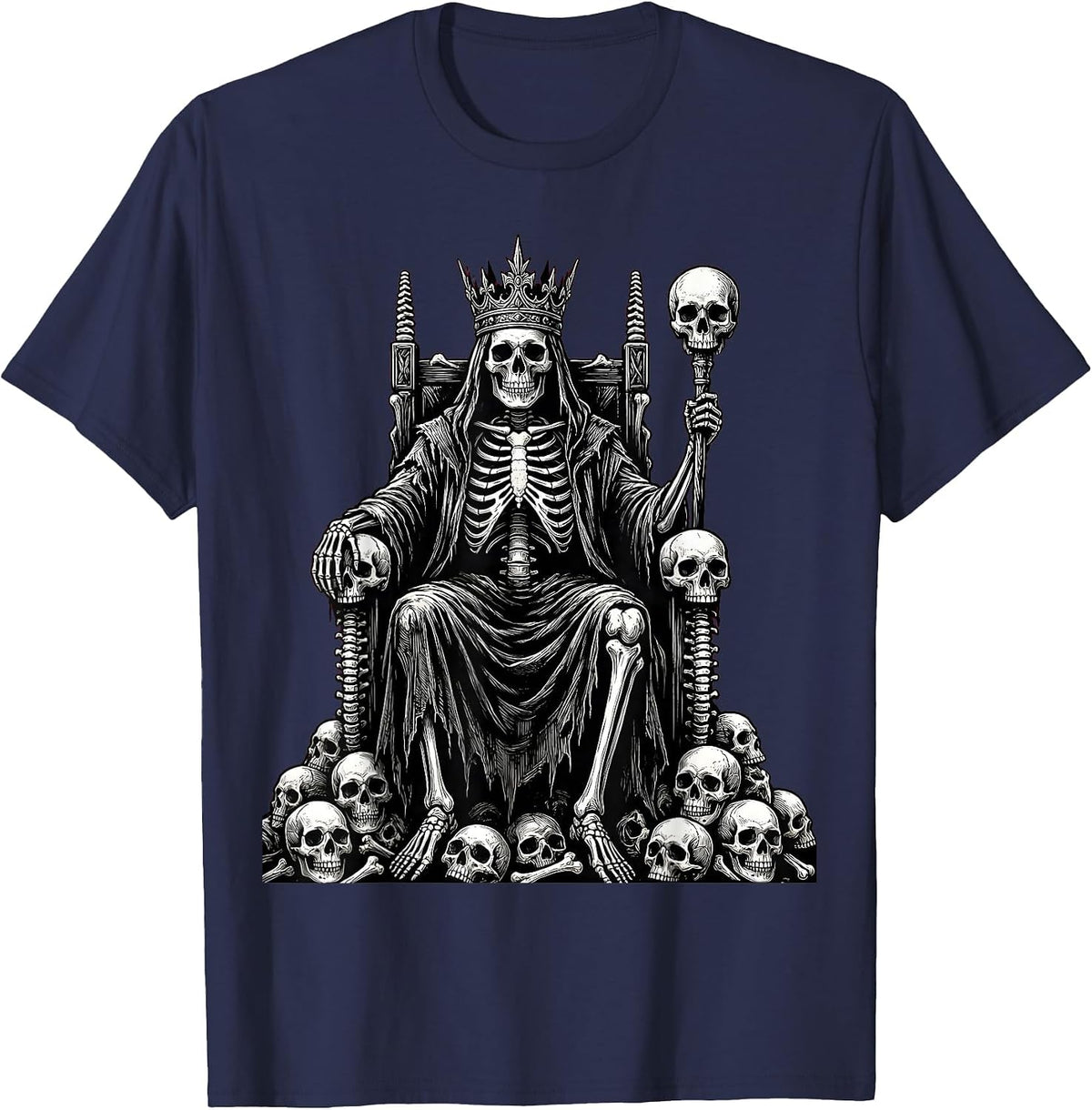 Skeleton King Seated on Bone Throne Graphic T-Shirt - Navy Blue