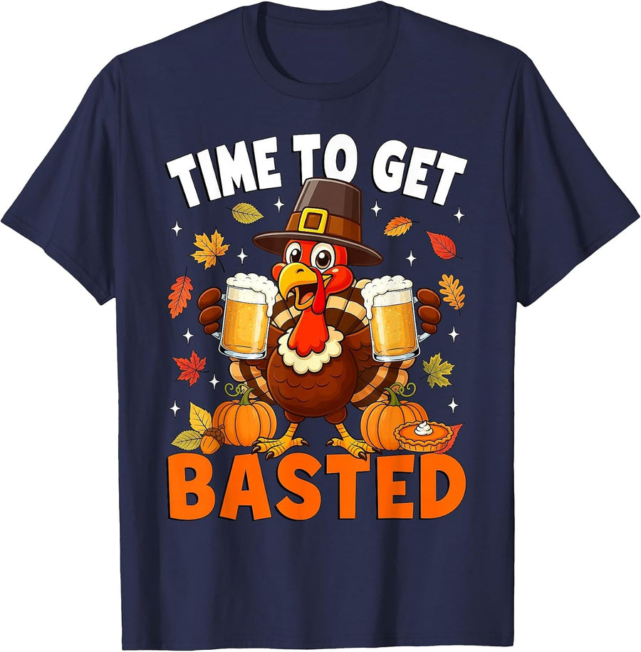 Turkey Time to Get Basted Retro Happy Thanksgiving Men Women T-Shirt - Navy Blue