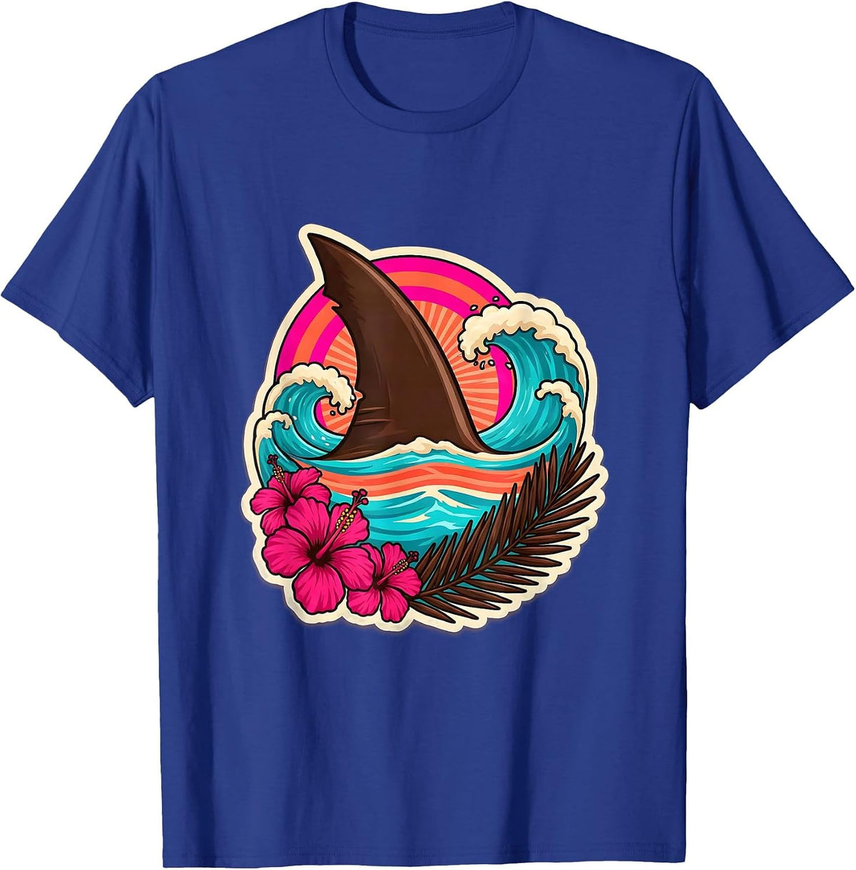 Men's Kids Shark Fin Ocean Waves Hawaiian Design T-Shirt - Royal Blue