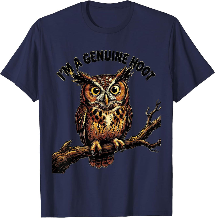 I'm A Genuine Hoot Cartoon Owl Lover Retro Humor Birdwatcher T-Shirt - Navy Blue