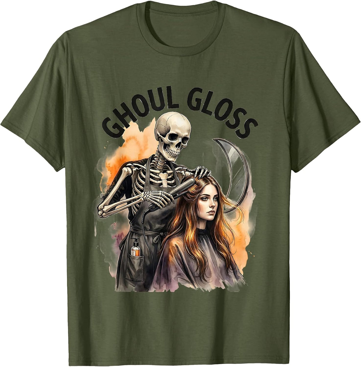 Men's Ghoul Gloss Watercolor Skeleton Hairstylist Halloween Barber T-Shirt - Olive Green