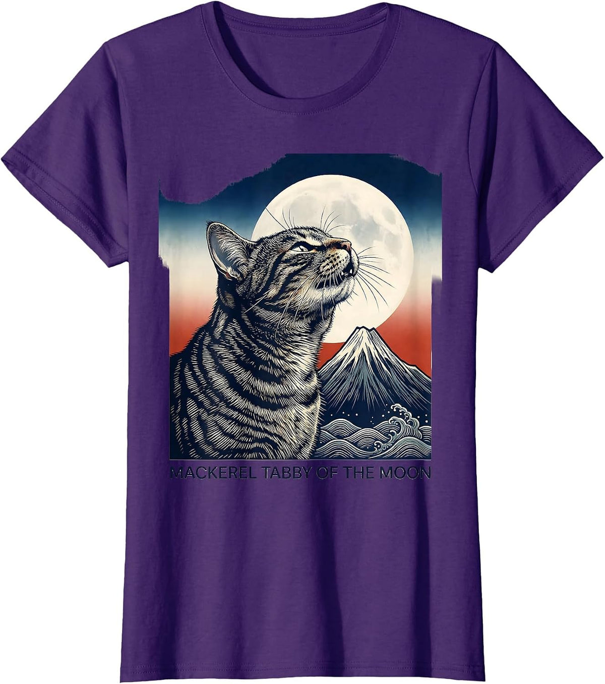 Women's Mackerel Tabby Of The Moon Ukiyo-e Retro Cat Owner T-Shirt - Purple