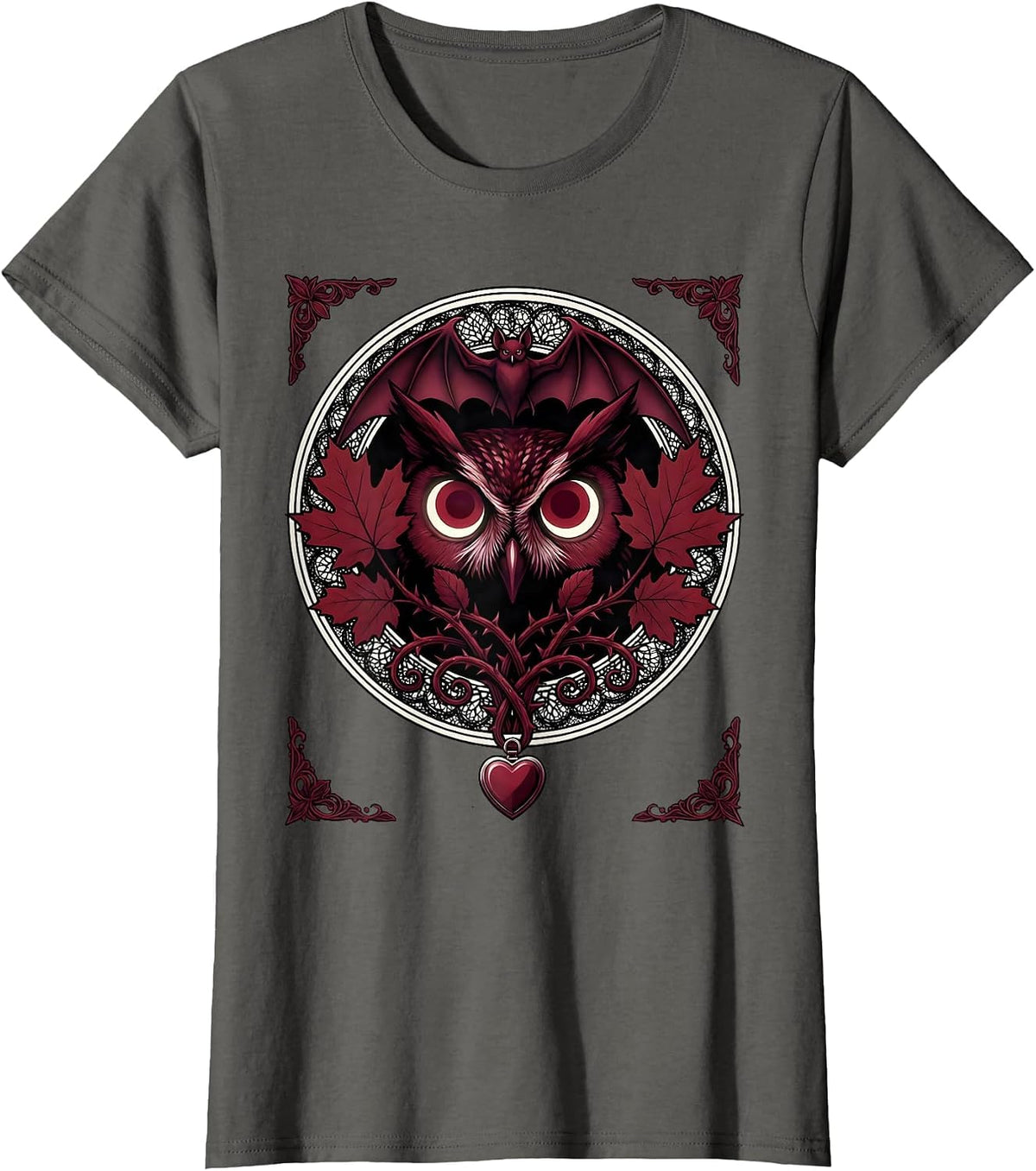 Women's Owl Eyes Peering Through Autumn Leaves Halloween T-Shirt - Asphalt Grey