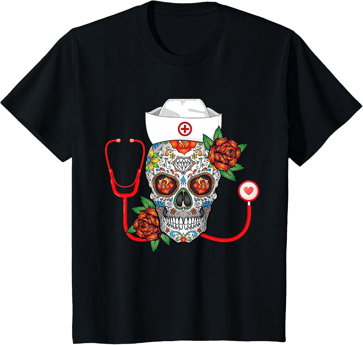 Funny Nursing Calavera Dia de Muertos Halloween Day Girls T-Shirt - Black