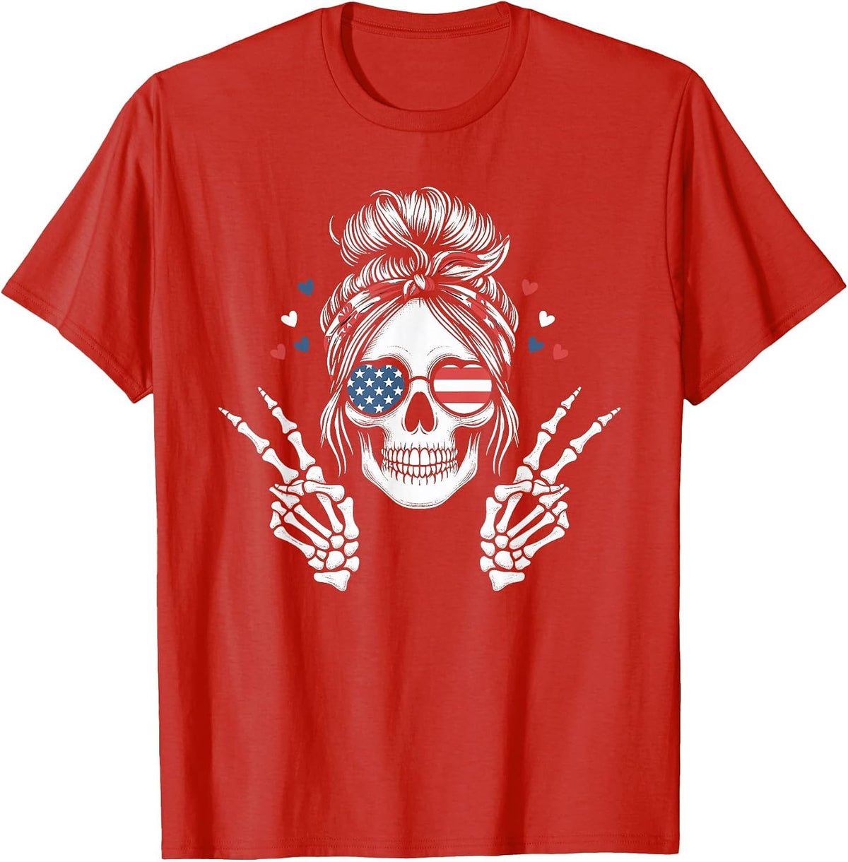 Patriotic American Flag Skull Messy Bun Peace USA 4th July T-Shirt - Red