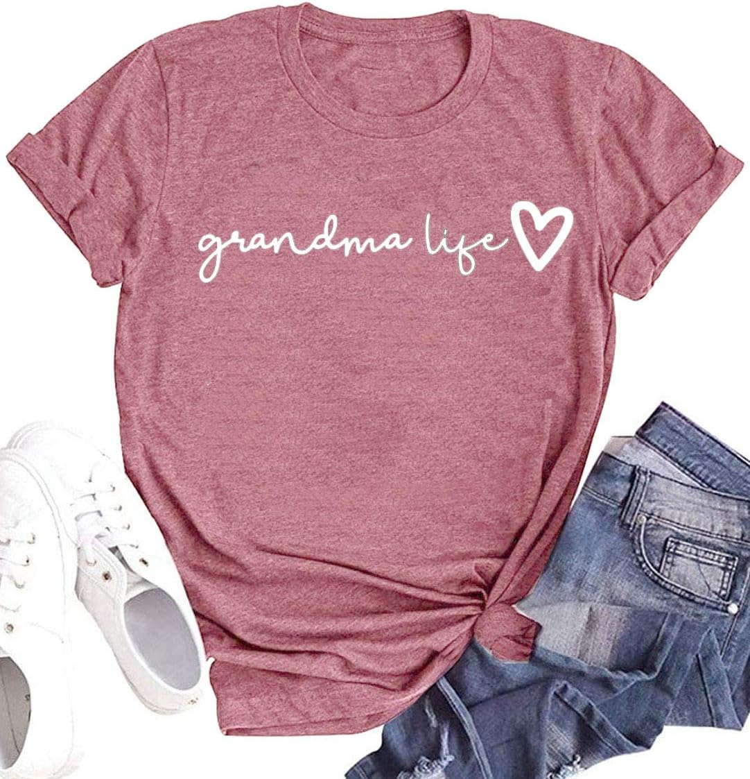 Grandma Shirt Women Casual Grandma Life Heart Printed T-Shirt Funny Tee Shirt for Grandma - Pink