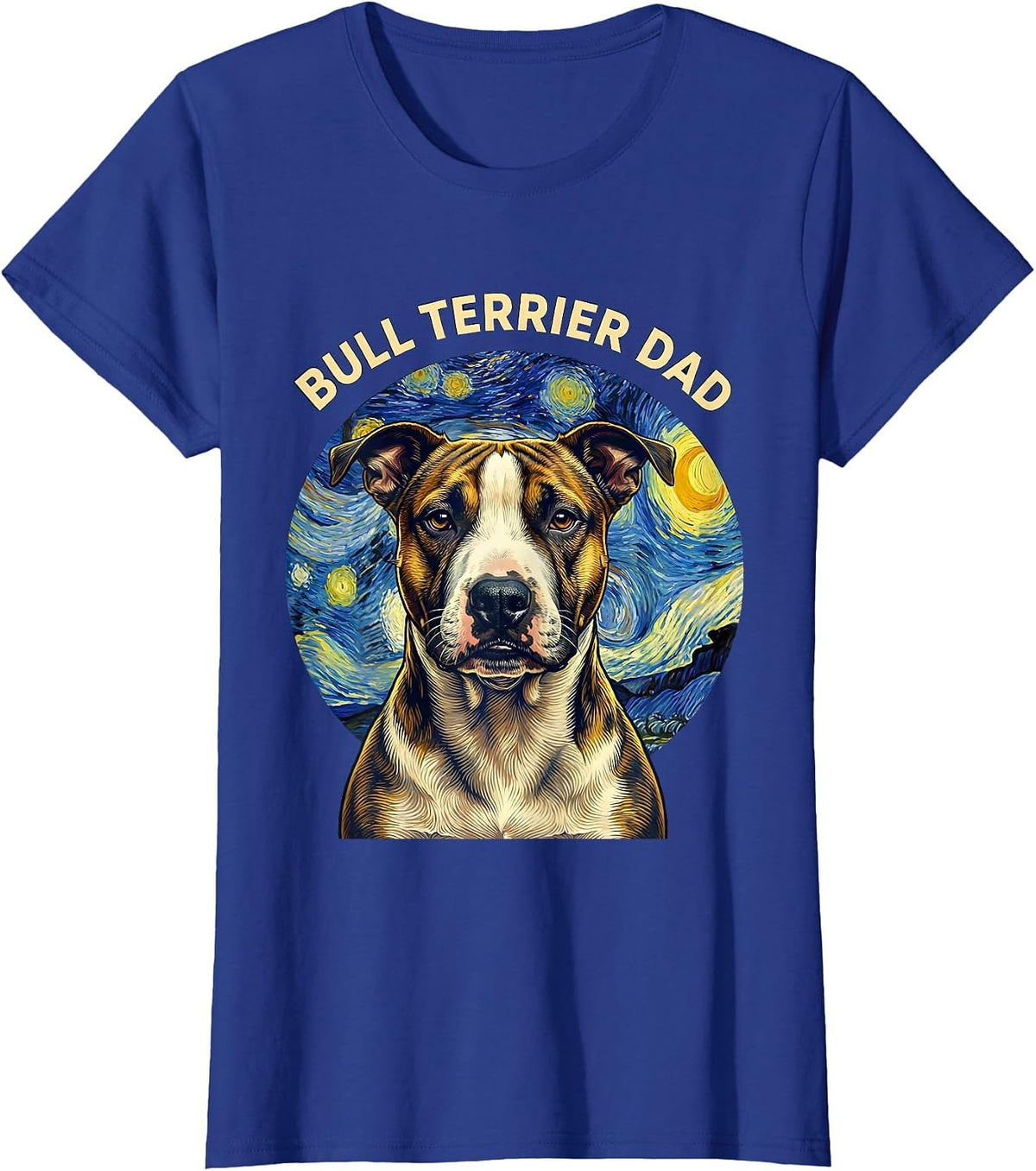 Women's Bull Terrier Dad Whimsical Art Homage Dog Breed Portrait T-Shirt - Royal Blue