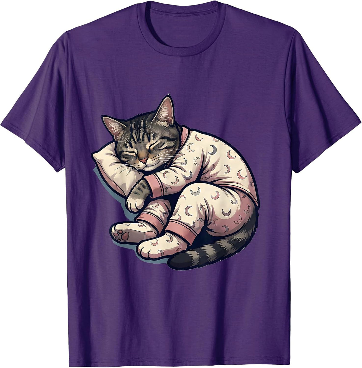 Sleepy Tabby Cat Cartoon Cute Cozy Pajama T-Shirt - Purple
