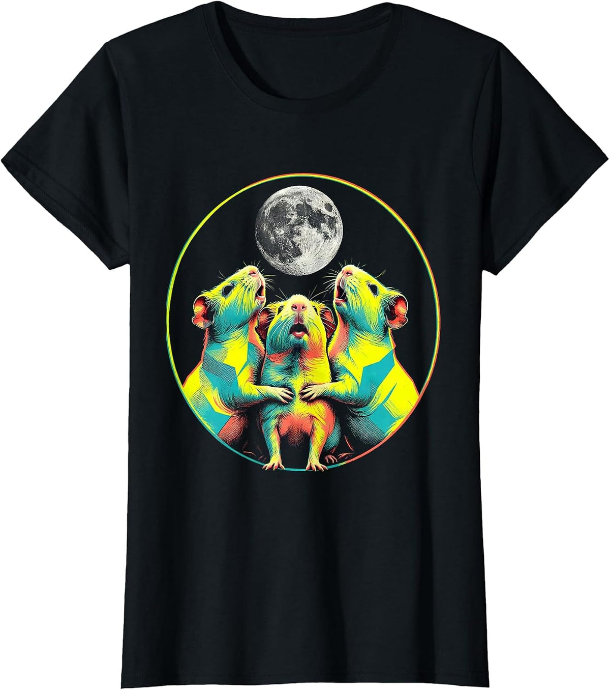 Three Hairless Guinea Pigs Howl At Moon Risograph Parody T-Shirt - Black