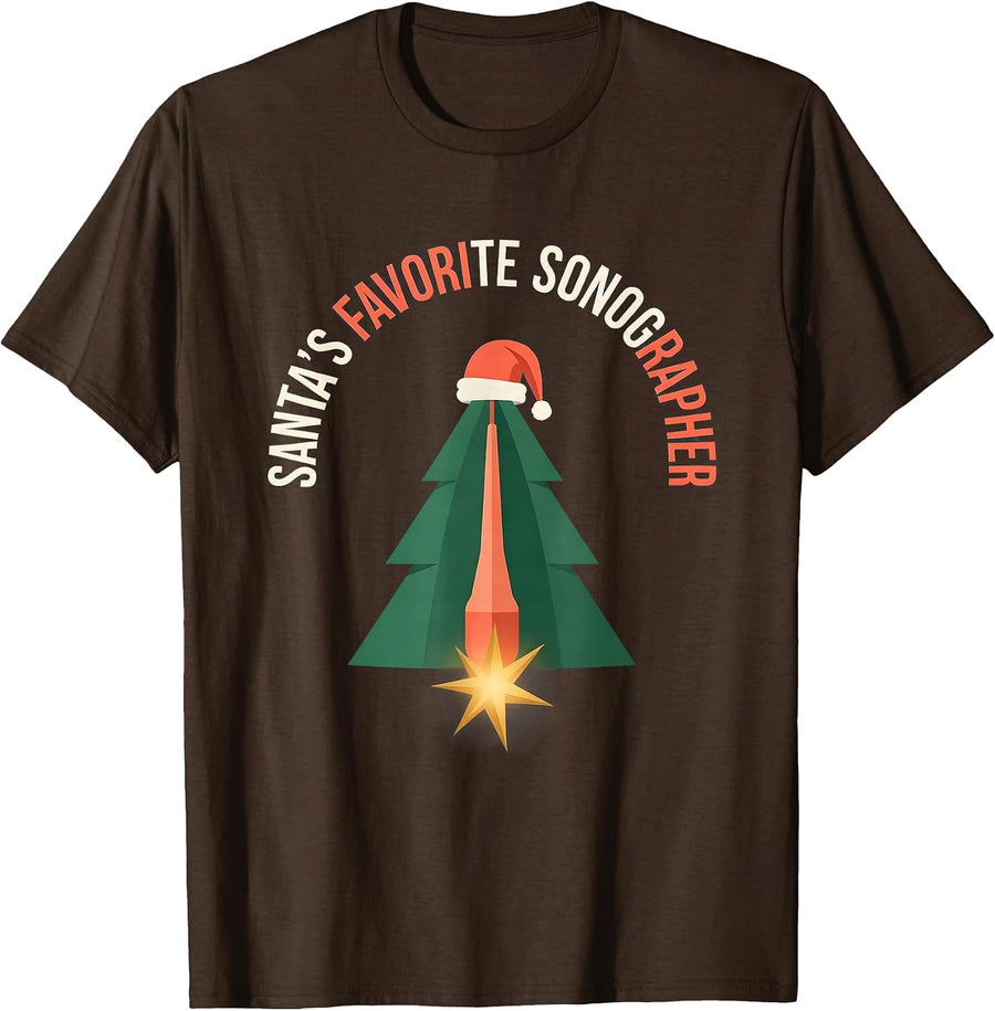 Santa's Favorite Sonographer Funny Radiology Tech Christmas T-Shirt - Brown