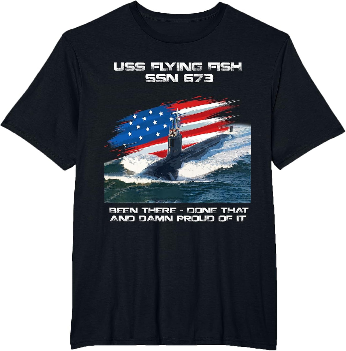 USS Flying Fish SSN-673 American Flag Submarine Veteran Xmas T-Shirt - Black