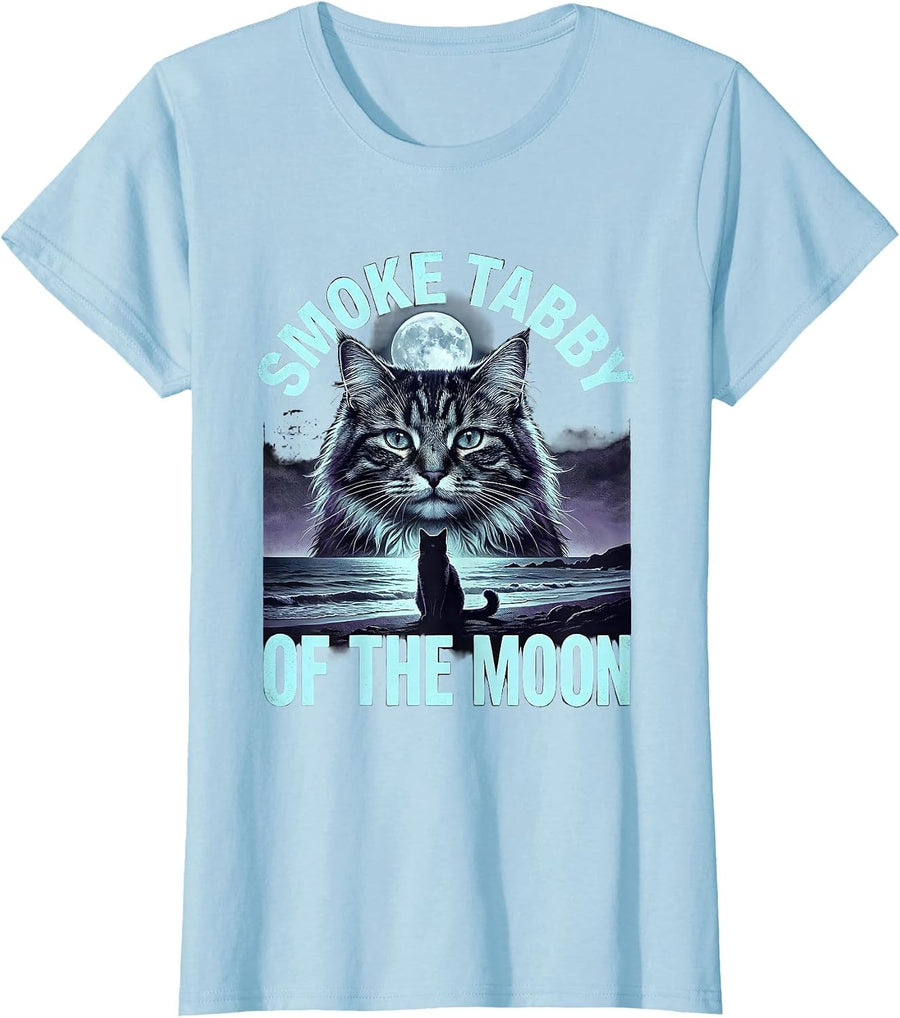 Women's Smoke Tabby Of The Moon Funny Cat Art Retro Animal Parody T-Shirt - Baby Blue