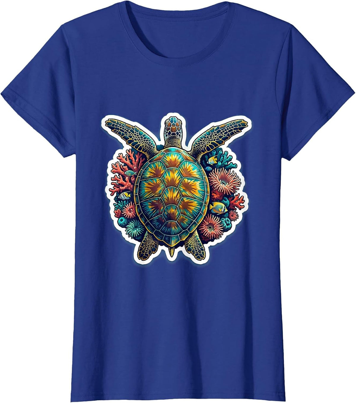 Women's Hawaiian Sea Turtle Coral Reef Graphic Design T-Shirt - Royal Blue