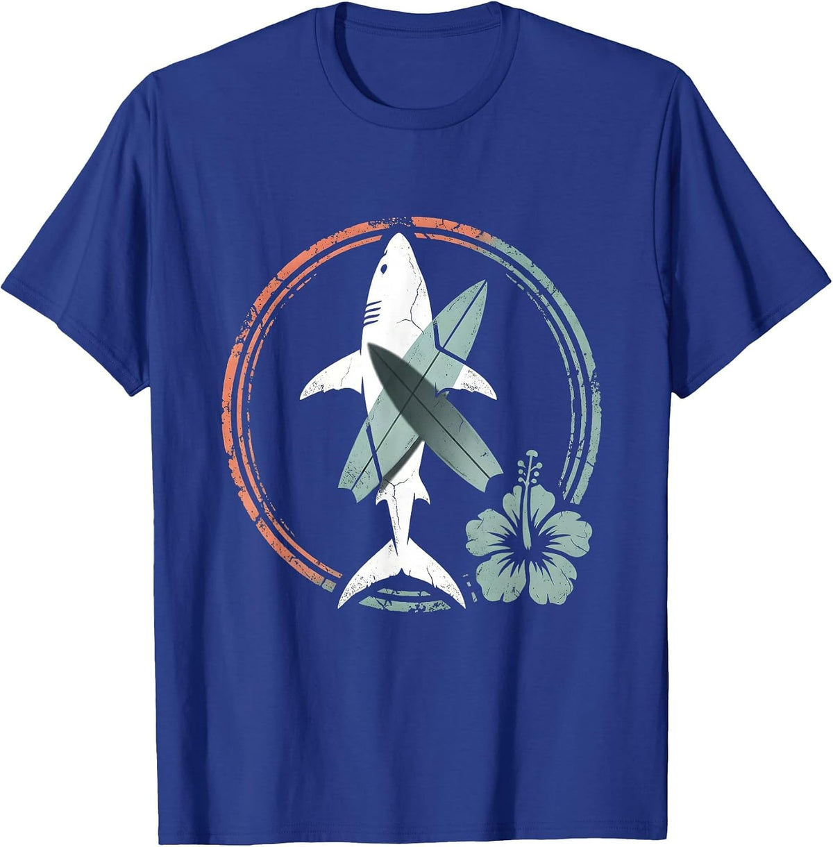 Great White Shark Under Surfboard Hawaiian Design T-Shirt - Royal Blue