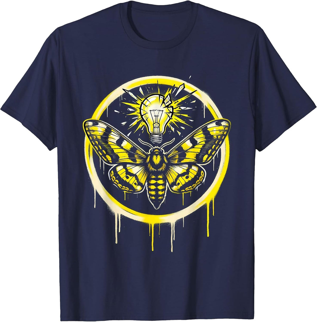 Men's Grunge Moth Shattered Light Bulb Illustration T-Shirt - Navy Blue