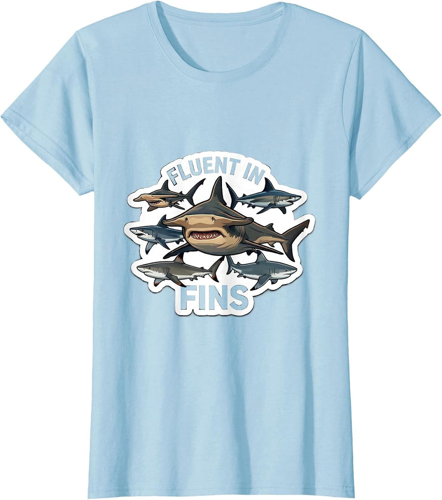 Women's Fluent In Fins Funny Shark Species Marine Biology Lover T-Shirt - Baby Blue