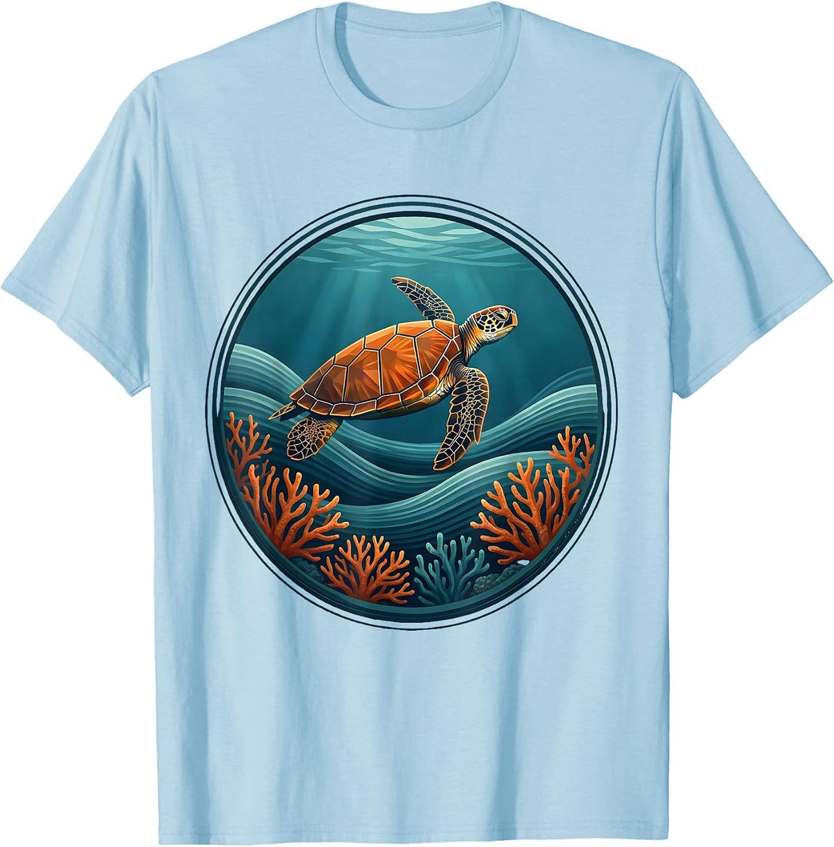 Men's Mexico Sea Turtle Coral Reef Ocean Illustration T-Shirt - Baby Blue