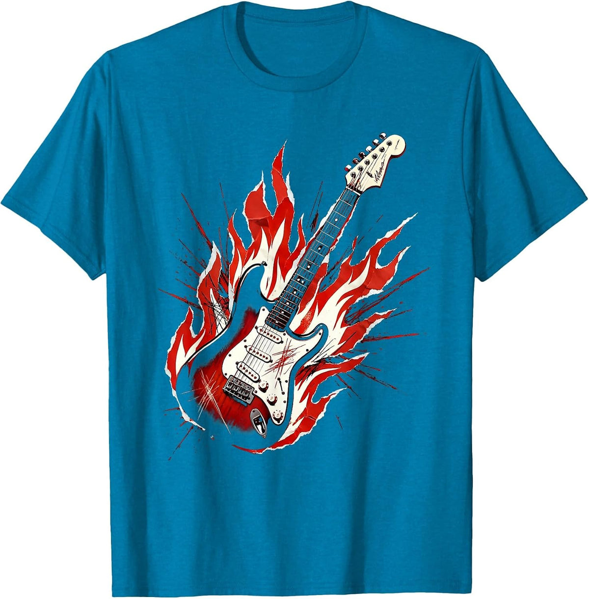 Flaming Electric Guitar Rock Band Graphic T-Shirt - Sapphire Blue