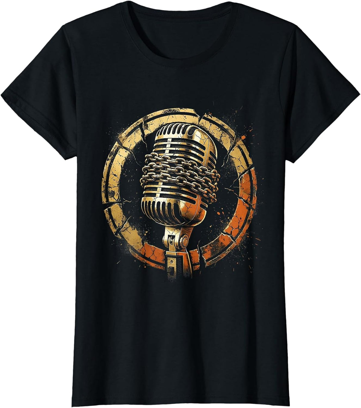 Gold Chain Microphone Hip Hop Graphic Tee T-Shirt - Black