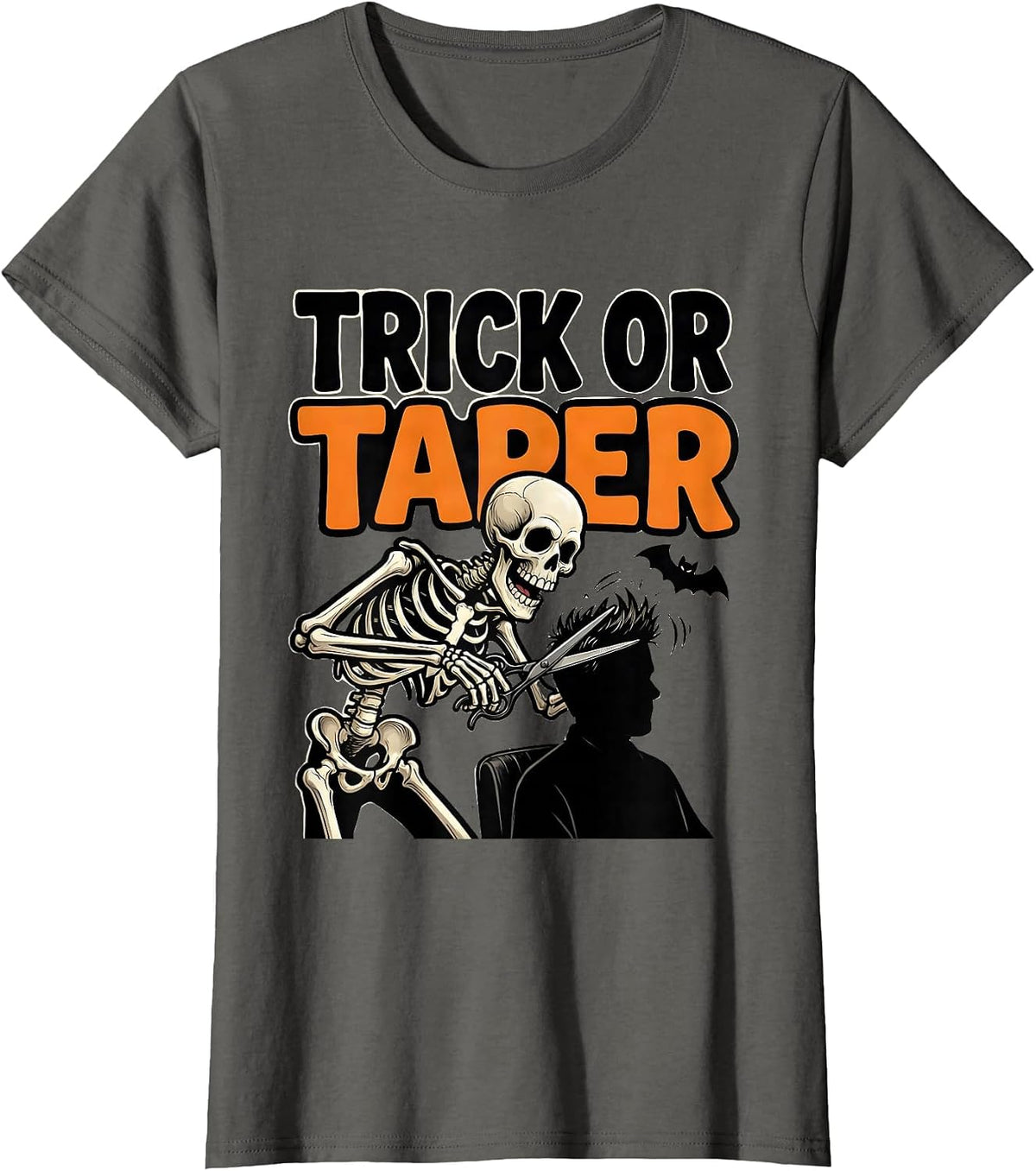 Women's Trick Or Taper Funny Skeleton Barber Halloween Hairstylist T-Shirt - Asphalt Grey