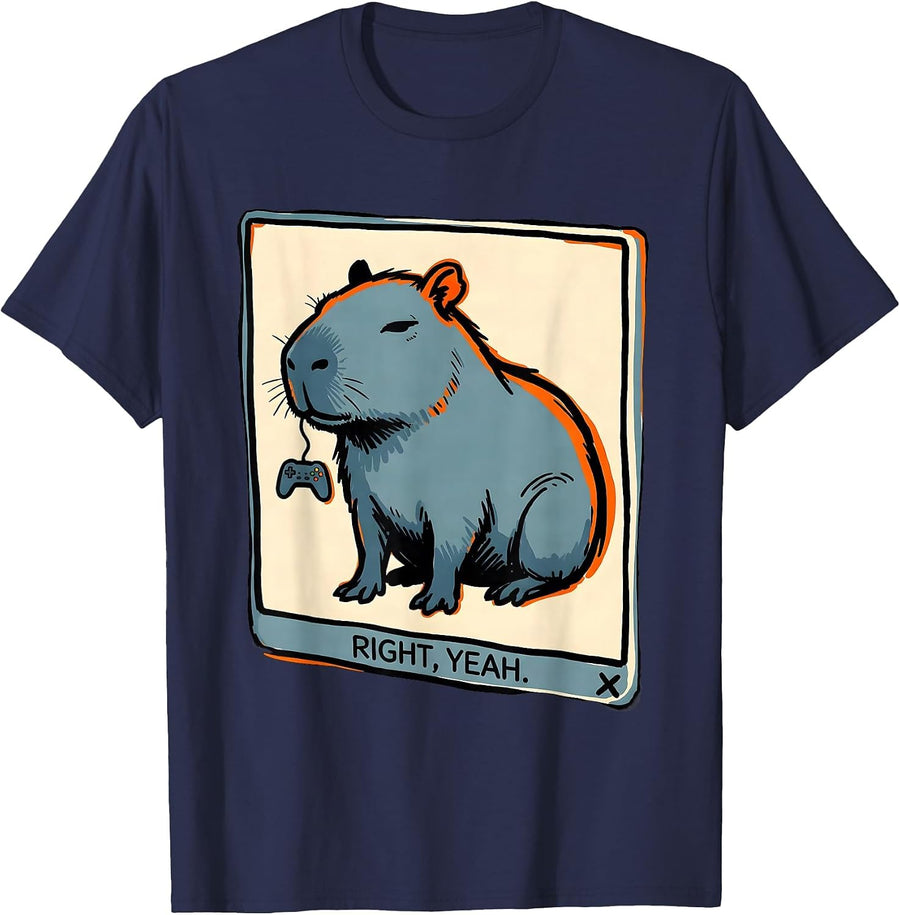 Right Yeah Funny Capybara Gamer Meme Animal Lover Humor T-Shirt - Navy Blue