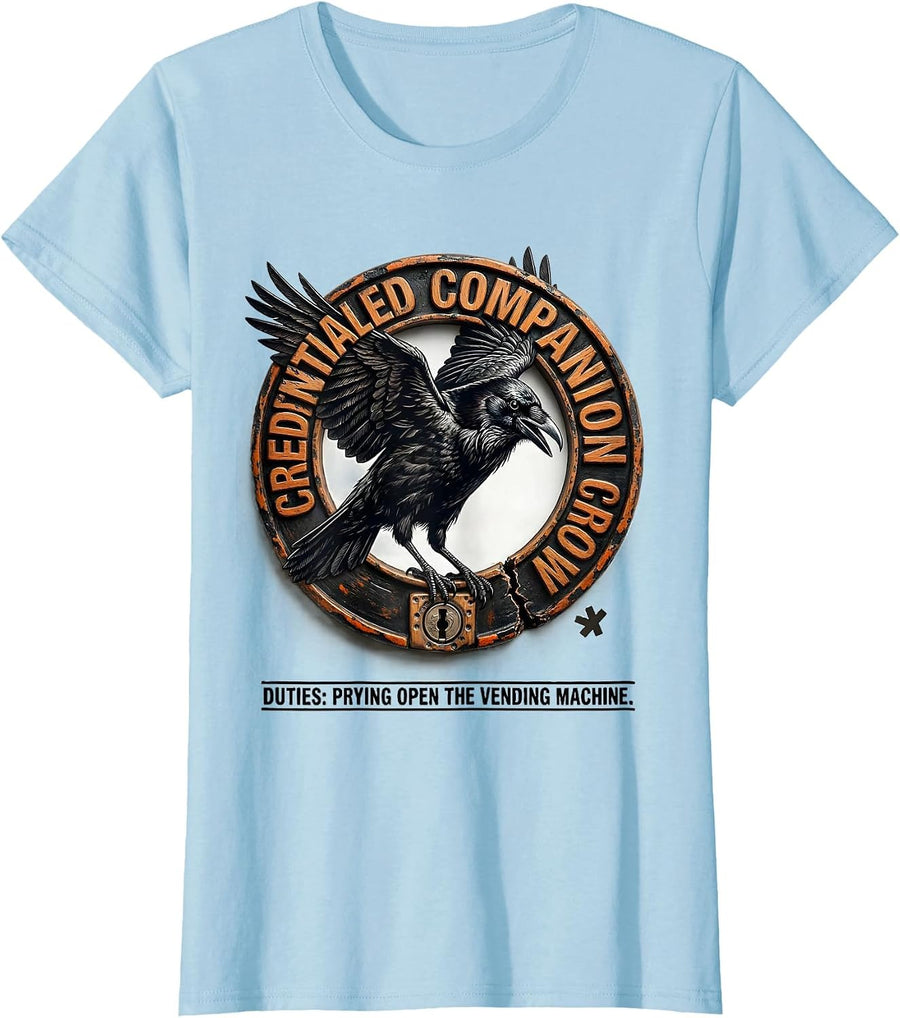 Women's Credentialed Companion Crow Duties Pun Bird Lover Humor T-Shirt - Baby Blue