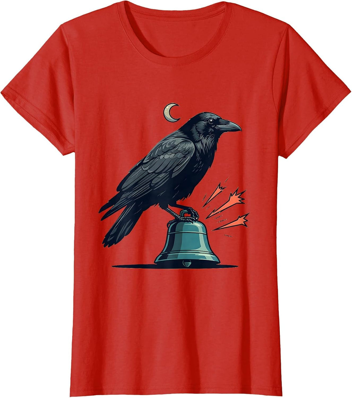 Women's Black Crow Bell Gothic Humor Halloween Dark Bird Lover T-Shirt - Red