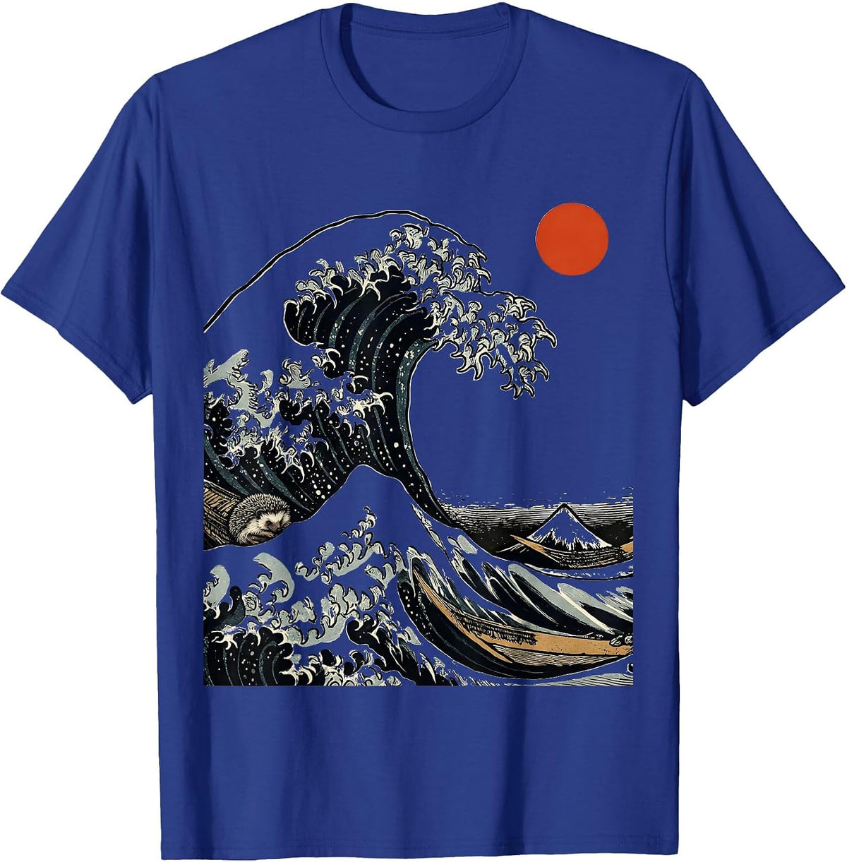 Curling Wave Hedgehog Woodcut Engraving Animal Art T-Shirt - Royal Blue