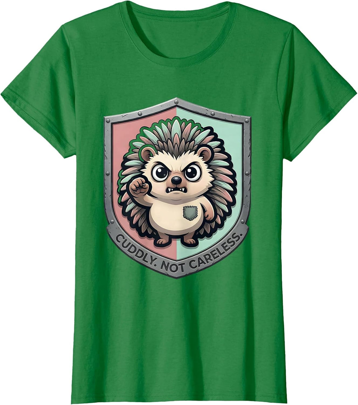 Women's Cuddly Not Careless Pastel Goth Kawaii Chibi Hedgehog Mascot T-Shirt - Kelly Green