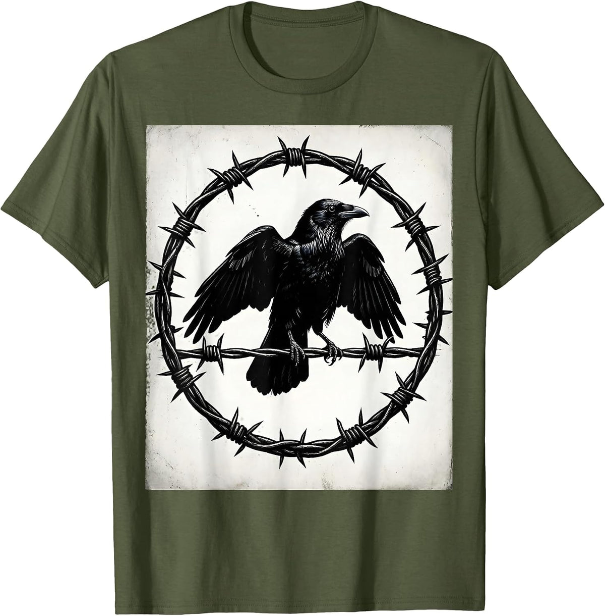 Crow on Barbed Wire Punk Rock Graphic T-Shirt - Olive Green