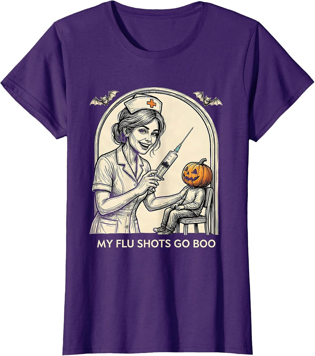 Women's My Flu Shots Go Boo Funny Nurse Ghost Halloween Vaccine T-Shirt - Purple