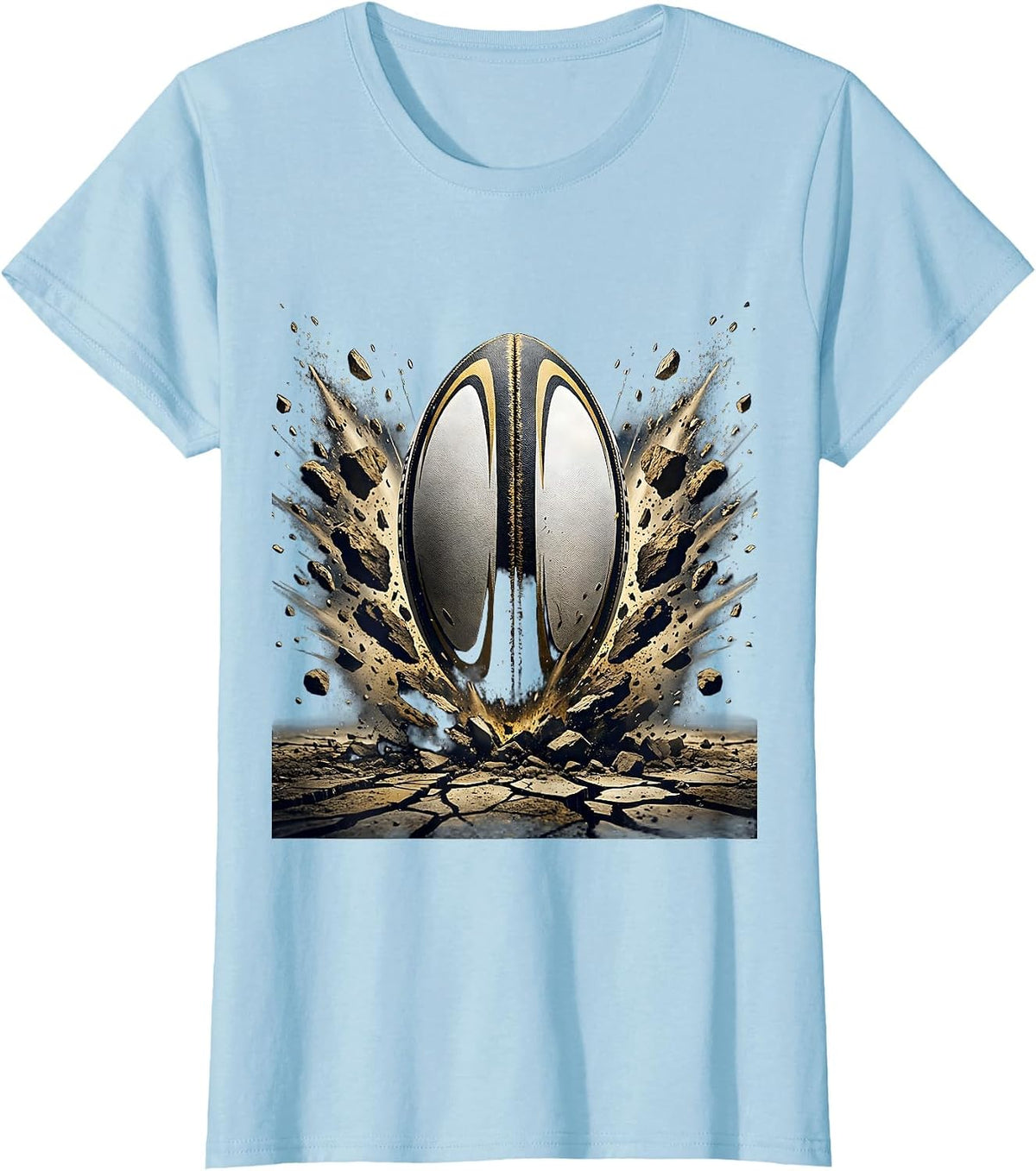Rugby Ball Erupting From Cracked Earth Graphic T-Shirt - Baby Blue