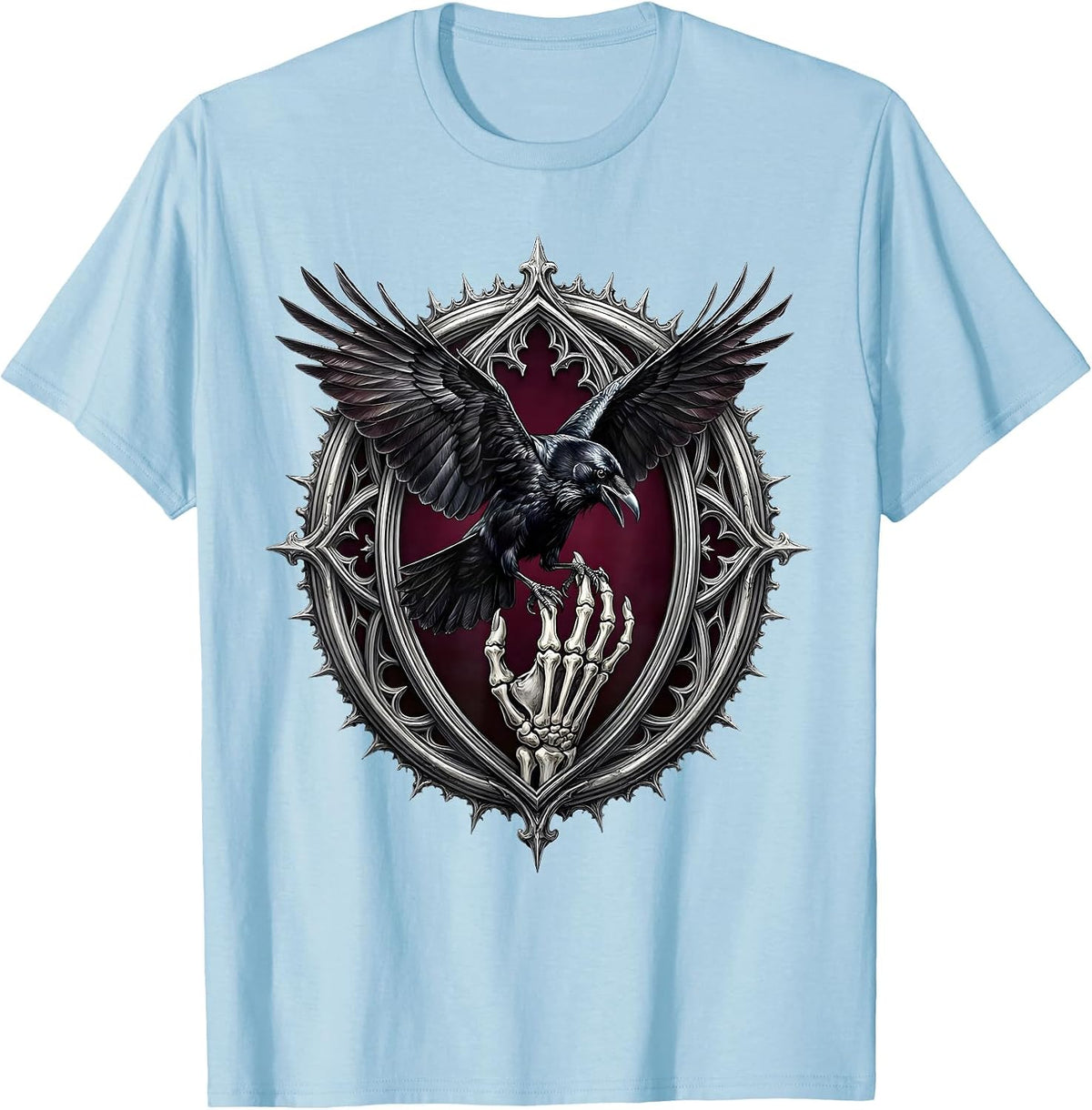 Men's Crow Landing on Skeleton Hand Dark Gothic Art T-Shirt - Baby Blue