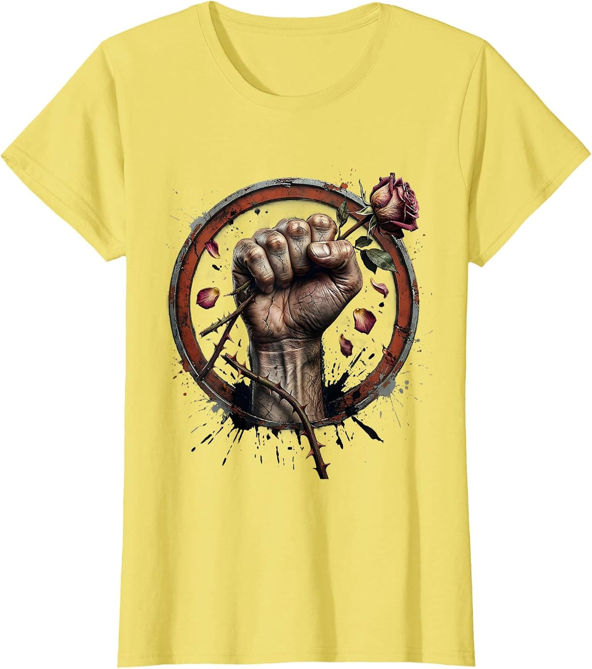 Angry Fist Crushing Rose Graphic Design T-Shirt - Lemon Yellow