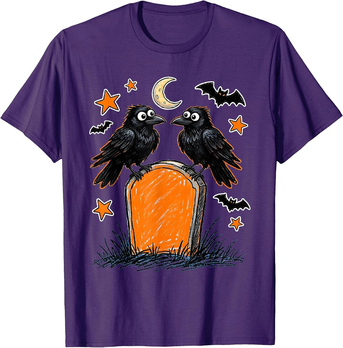 Twin Ravens on Tombstone Halloween Gothic Design T-Shirt - Purple