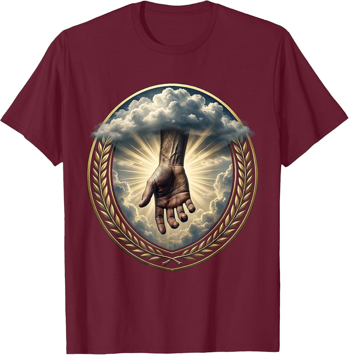 Men's Nail-Scarred Hand From the Clouds Christian Design T-Shirt - Burgundy