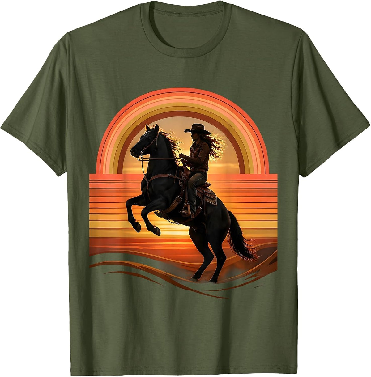 Black Cowgirl Rearing Horse Dusk Western Art T-Shirt - Olive Green